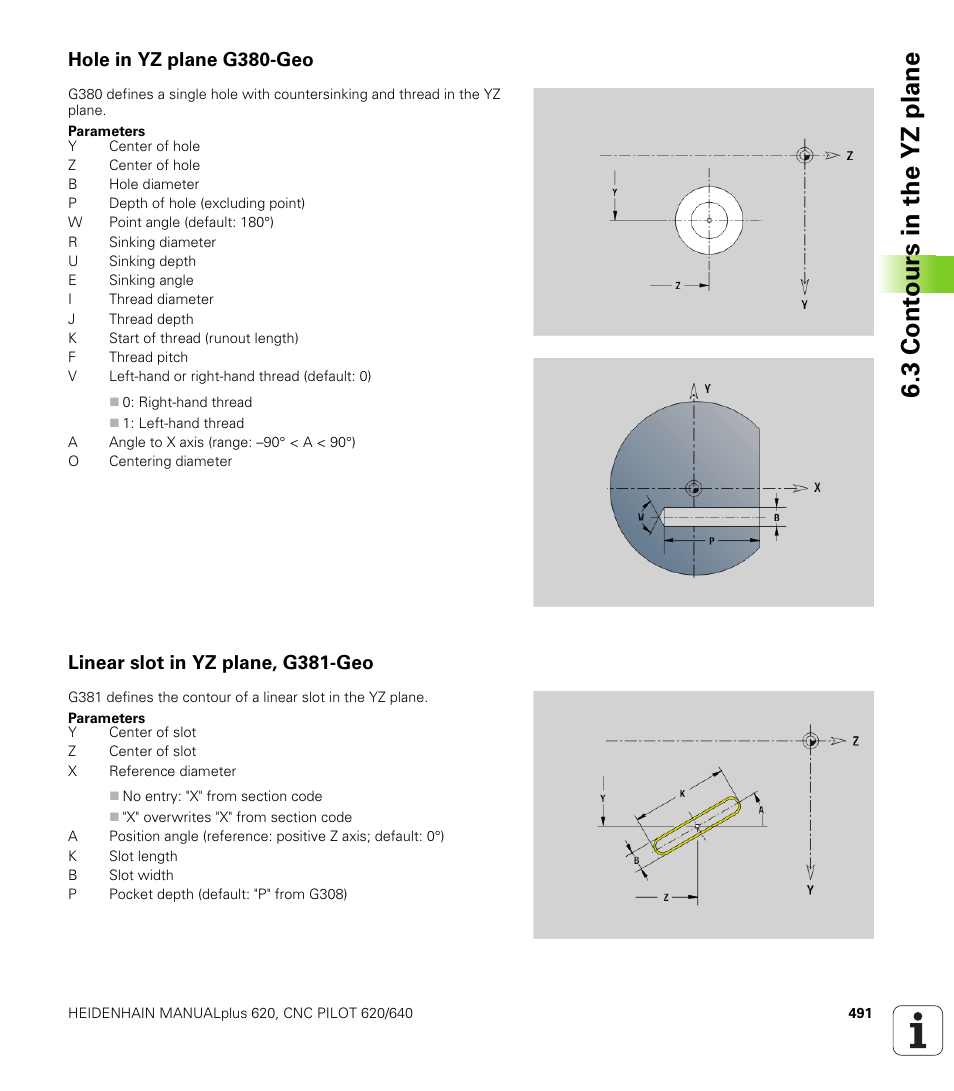 Hole in yz plane g380-geo, Linear slot in yz plane, g381-geo, 3 cont ours in the yz plane | HEIDENHAIN SW 548328-05 DIN Programming User Manual | Page 491 / 598