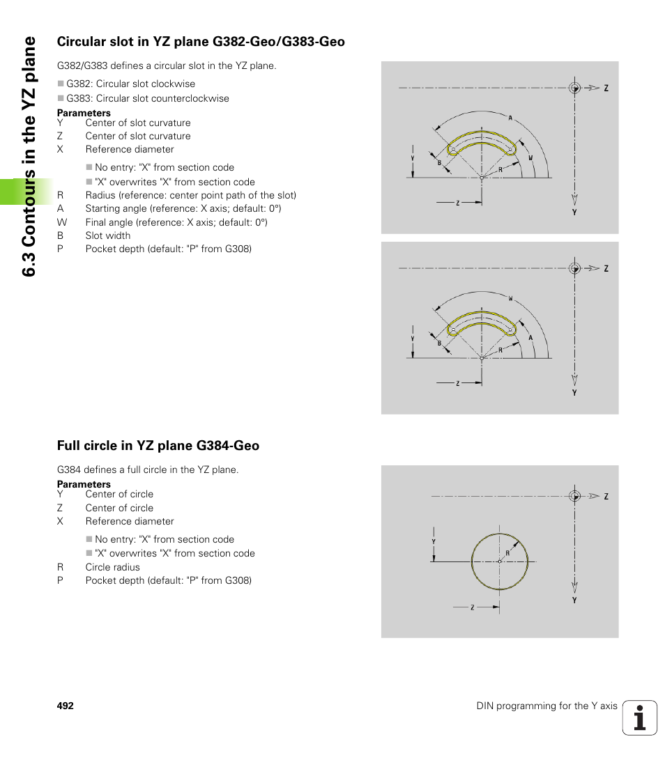 Circular slot in yz plane g382-geo/g383-geo, Full circle in yz plane g384-geo, 3 cont ours in the yz plane | HEIDENHAIN SW 548328-05 DIN Programming User Manual | Page 492 / 598