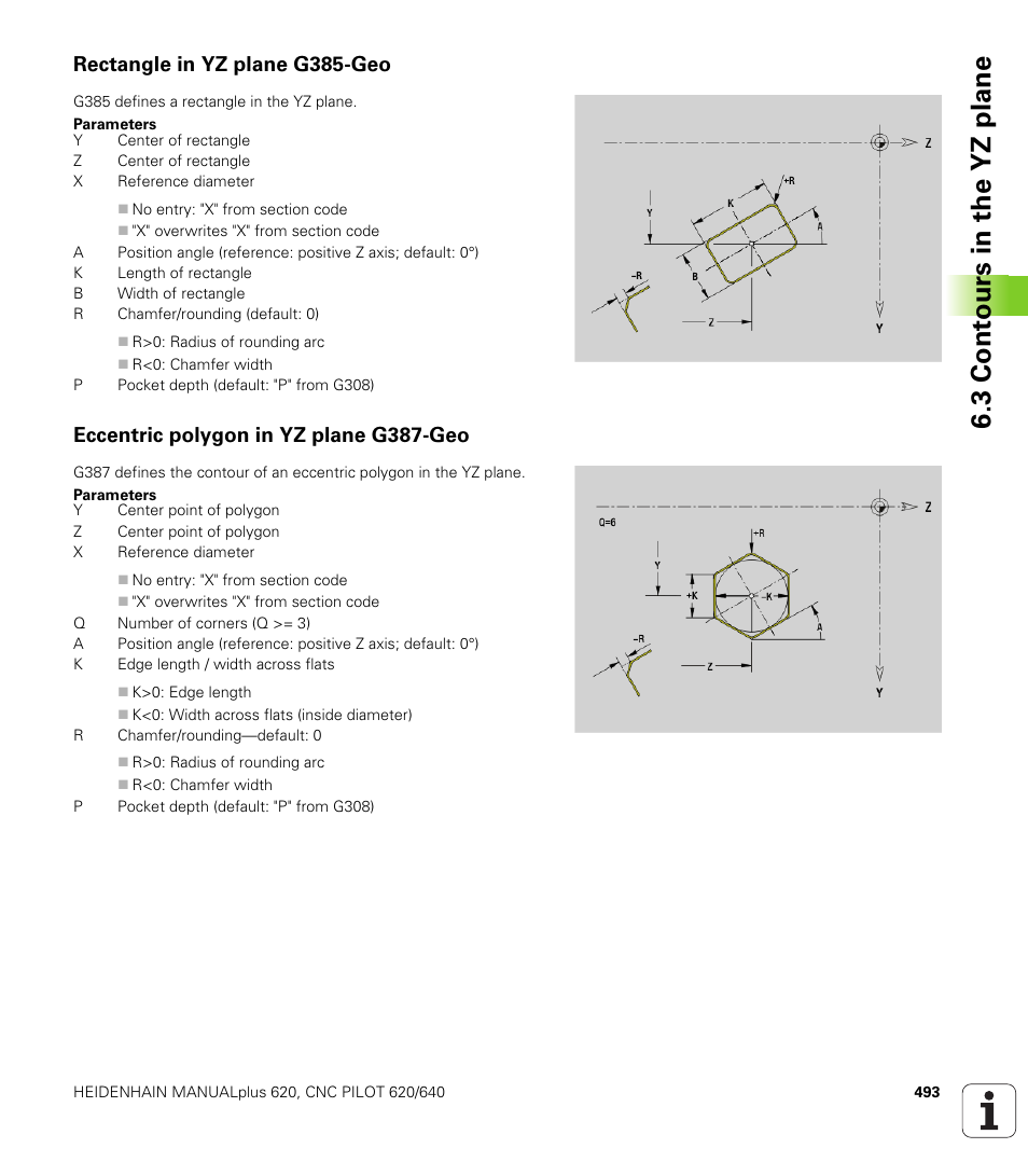 Rectangle in yz plane g385-geo, Eccentric polygon in yz plane g387-geo, 3 cont ours in the yz plane | HEIDENHAIN SW 548328-05 DIN Programming User Manual | Page 493 / 598