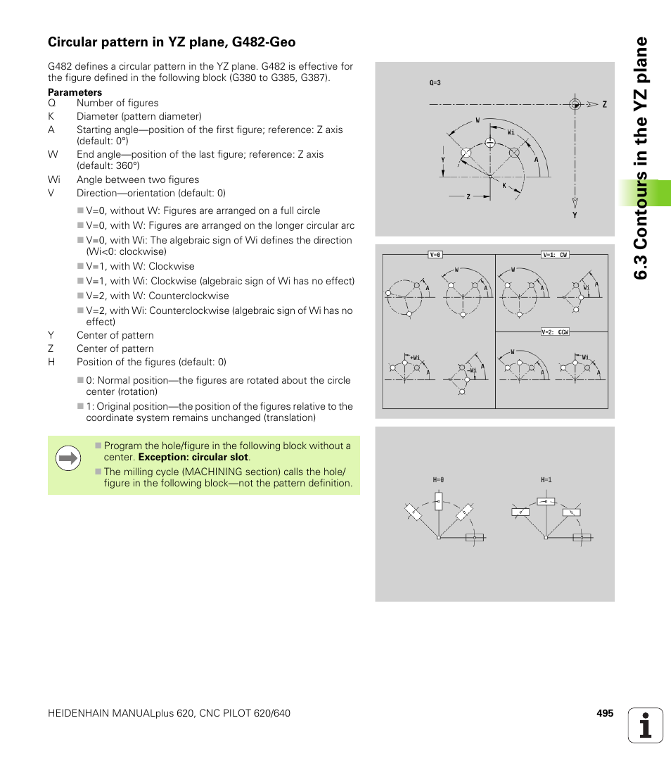 Circular pattern in yz plane, g482-geo, 3 cont ours in the yz plane | HEIDENHAIN SW 548328-05 DIN Programming User Manual | Page 495 / 598