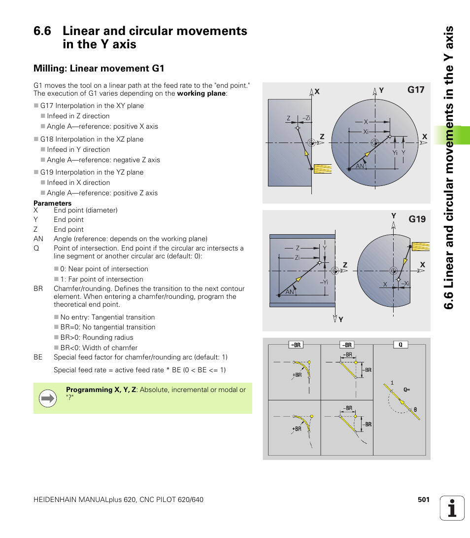 6 linear and circular movements in the y axis, Milling: linear movement g1 | HEIDENHAIN SW 548328-05 DIN Programming User Manual | Page 501 / 598