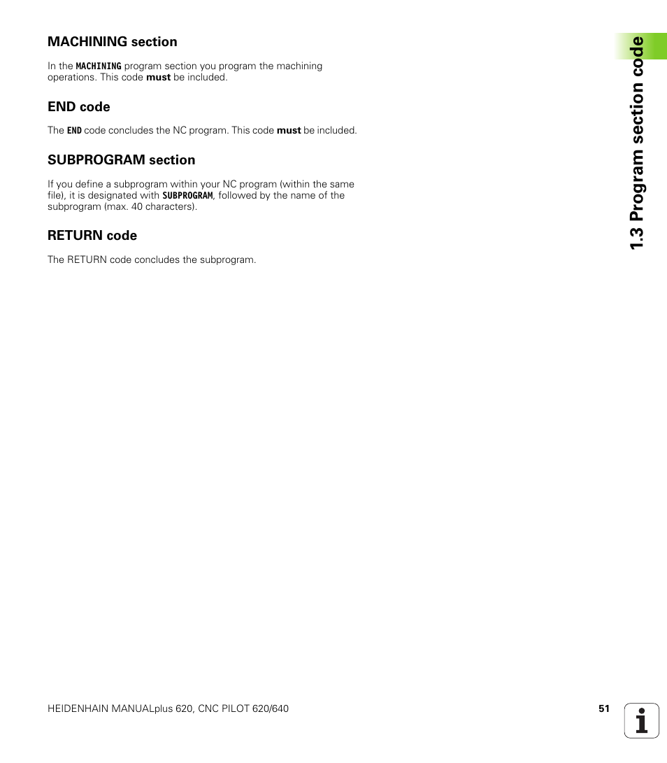 Machining section, End code, Subprogram section | Return code | HEIDENHAIN SW 548328-05 DIN Programming User Manual | Page 51 / 598