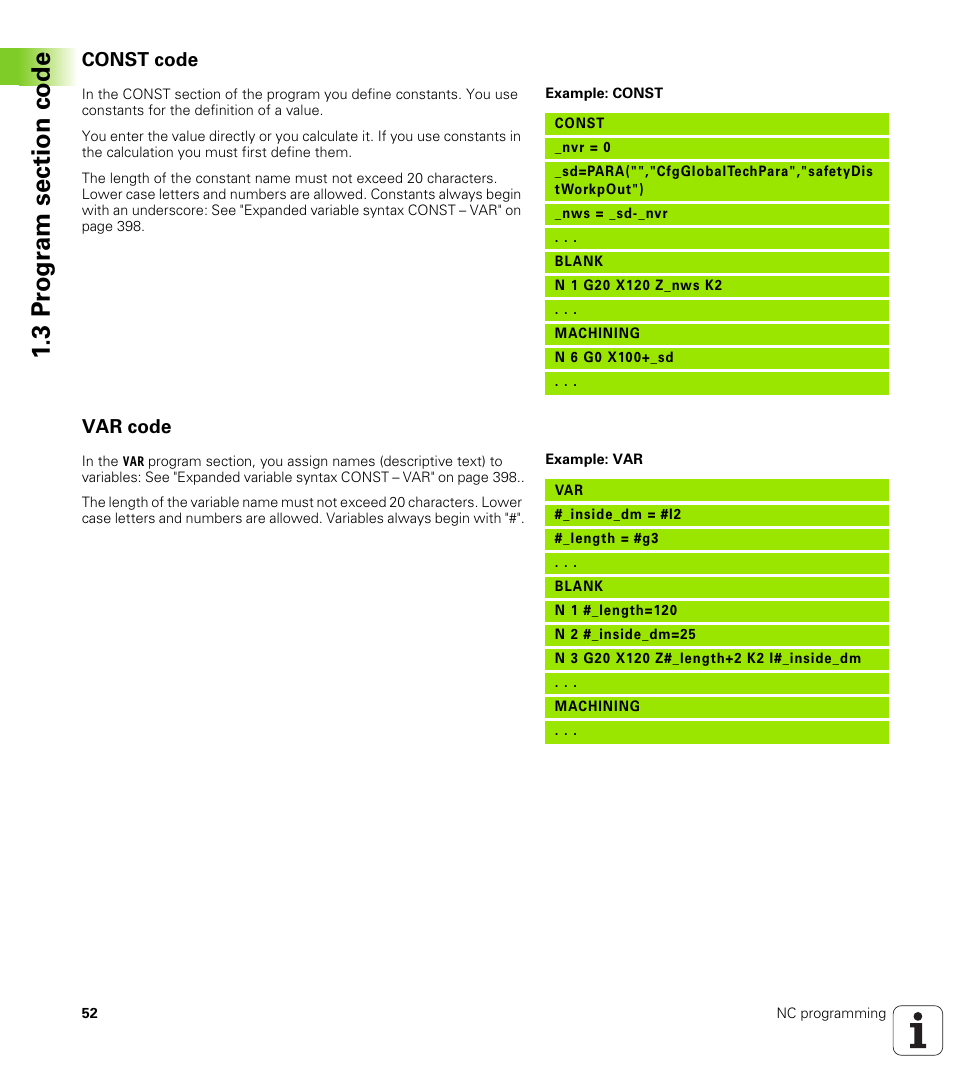 Const code, Var code, Const code var code | HEIDENHAIN SW 548328-05 DIN Programming User Manual | Page 52 / 598