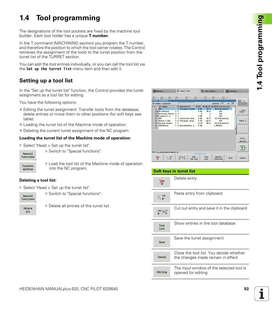 4 tool programming, Setting up a tool list, 4 t ool pr ogr a mming 1.4 tool programming | HEIDENHAIN SW 548328-05 DIN Programming User Manual | Page 53 / 598