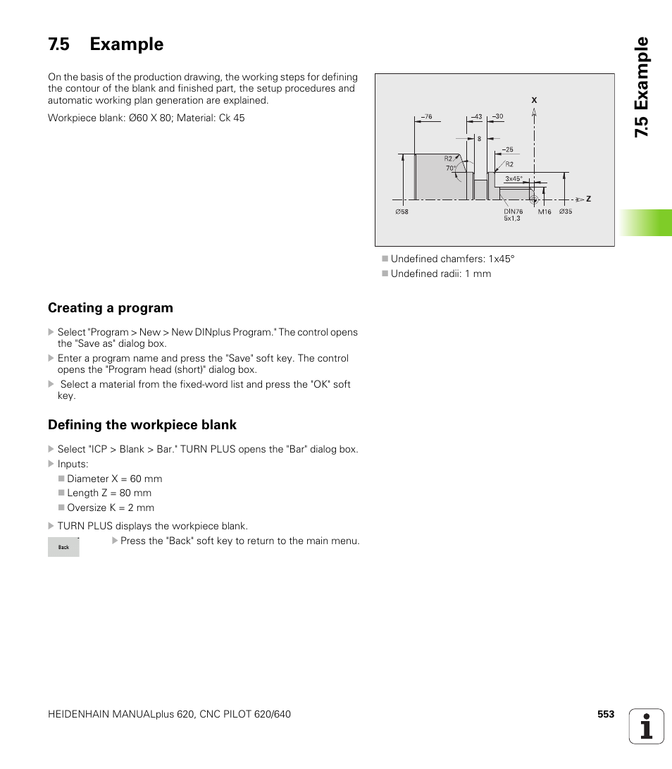 5 example, Creating a program, Defining the workpiece blank | Creating a program defining the workpiece blank, 5 example 7.5 example | HEIDENHAIN SW 548328-05 DIN Programming User Manual | Page 553 / 598