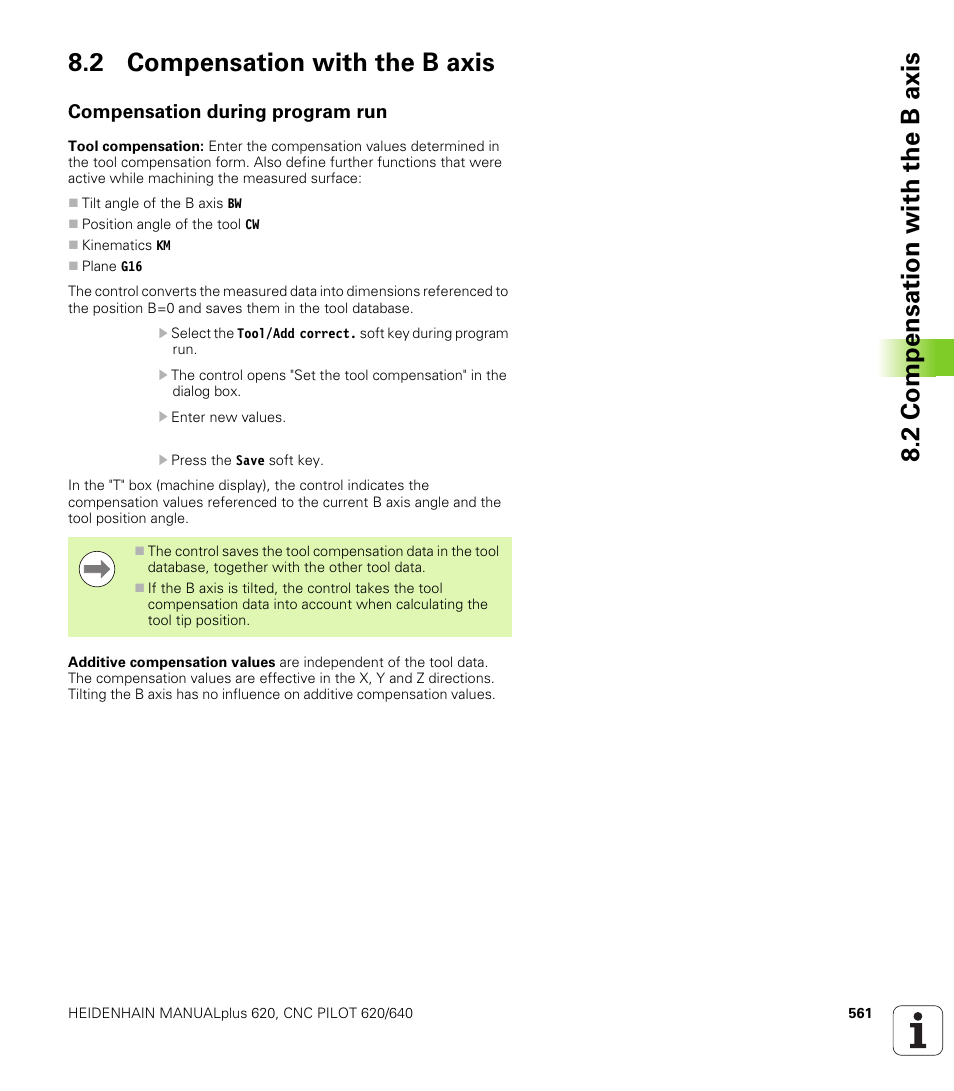 2 compensation with the b axis, Compensation during program run | HEIDENHAIN SW 548328-05 DIN Programming User Manual | Page 561 / 598