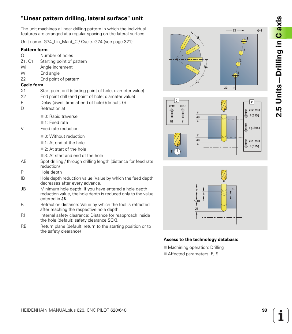 Linear pattern drilling, lateral surface" unit, 5 units—dr illing in c axis | HEIDENHAIN SW 548328-05 DIN Programming User Manual | Page 93 / 598