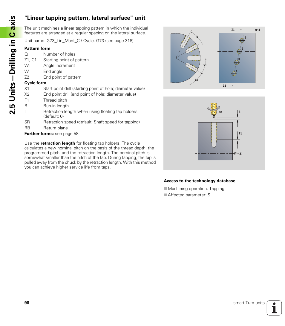 Linear tapping pattern, lateral surface" unit, 5 units—dr illing in c axis | HEIDENHAIN SW 548328-05 DIN Programming User Manual | Page 98 / 598
