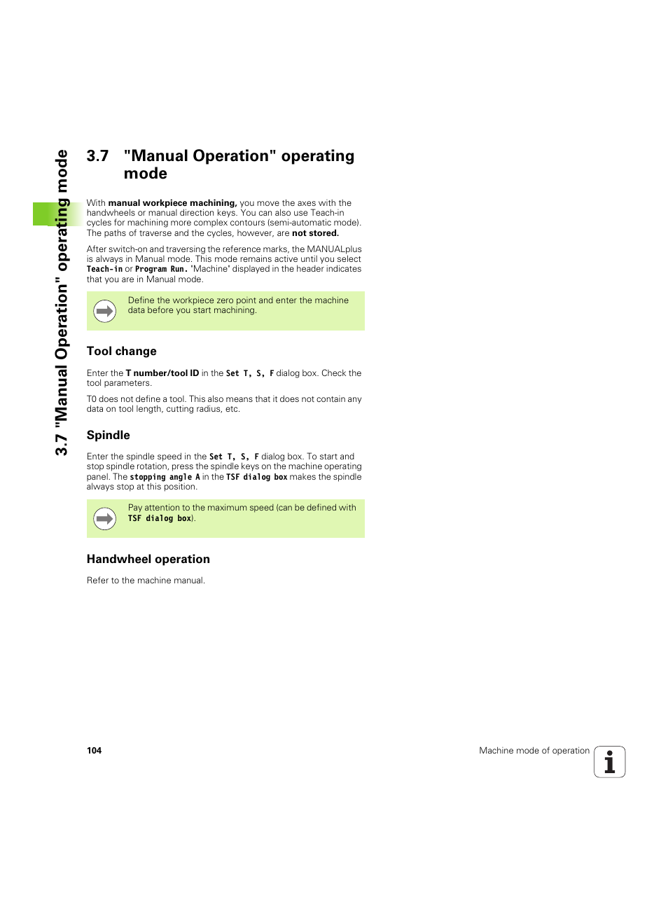 7 "manual operation" operating mode, Tool change, Spindle | Handwheel operation | HEIDENHAIN SW 54843x-02 User Manual | Page 104 / 619