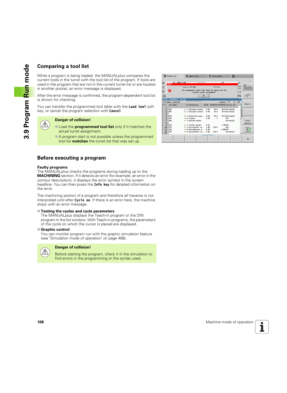 Comparing a tool list, Before executing a program, 9 pr ogr am run mode | HEIDENHAIN SW 54843x-02 User Manual | Page 108 / 619