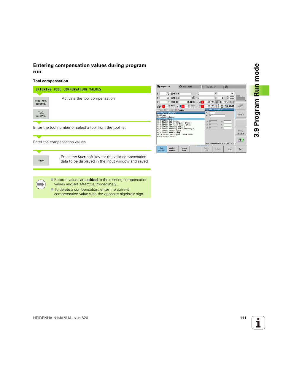 Entering compensation values during program run, 9 pr ogr am run mode | HEIDENHAIN SW 54843x-02 User Manual | Page 111 / 619
