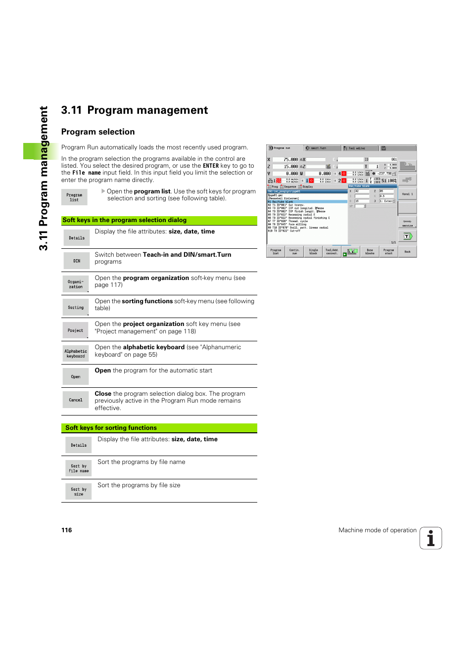 11 program management, Program selection | HEIDENHAIN SW 54843x-02 User Manual | Page 116 / 619