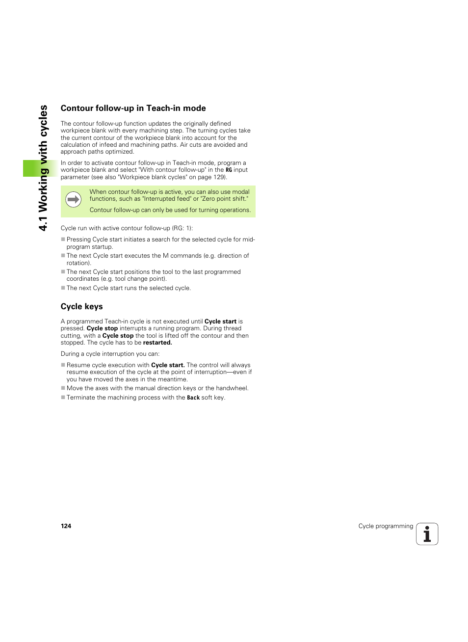 Contour follow-up in teach-in mode, Cycle keys, 1 w o rk ing with cy cles | HEIDENHAIN SW 54843x-02 User Manual | Page 124 / 619