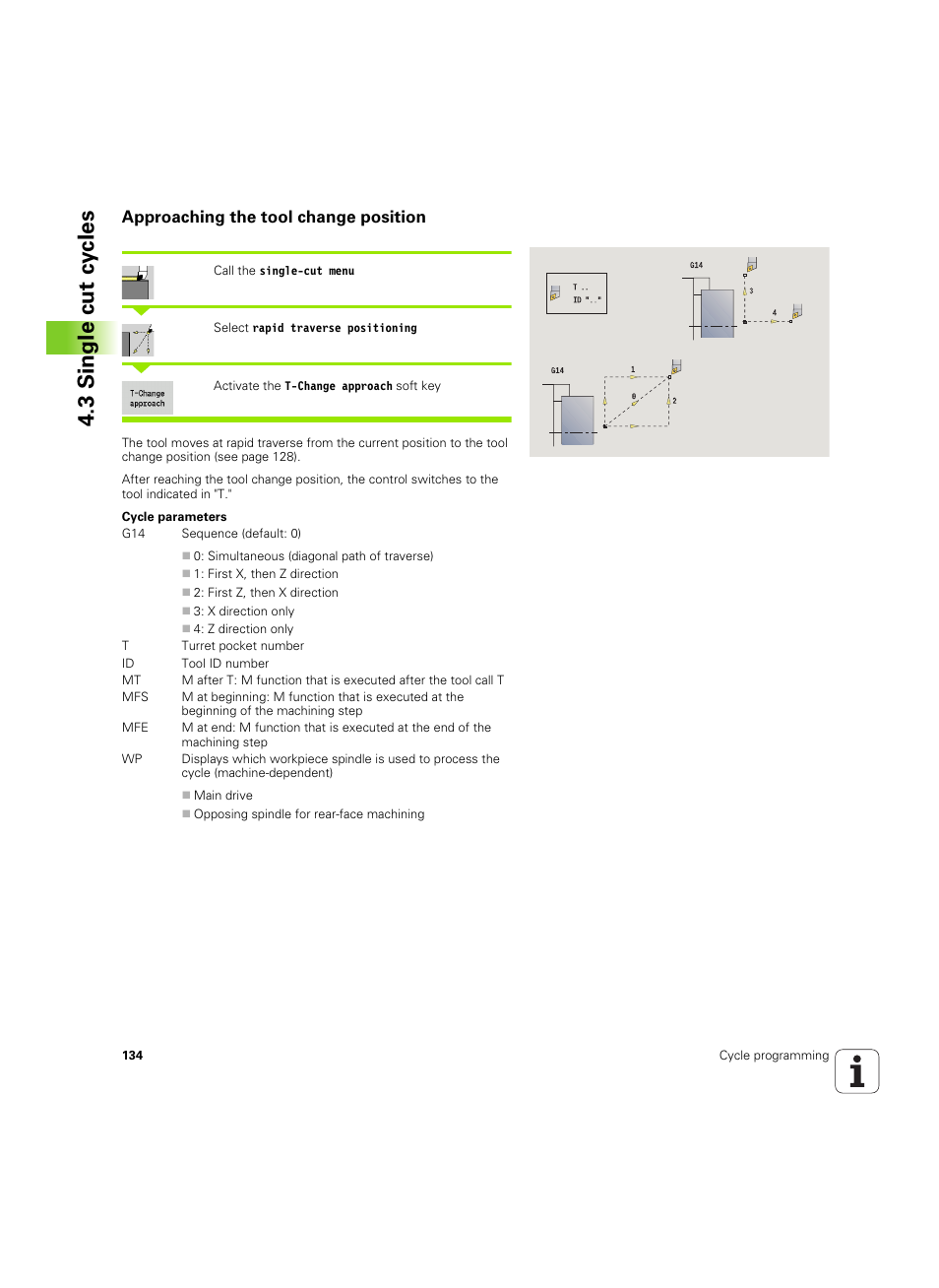 Approaching the tool change position, 3 single cut cy cles | HEIDENHAIN SW 54843x-02 User Manual | Page 134 / 619