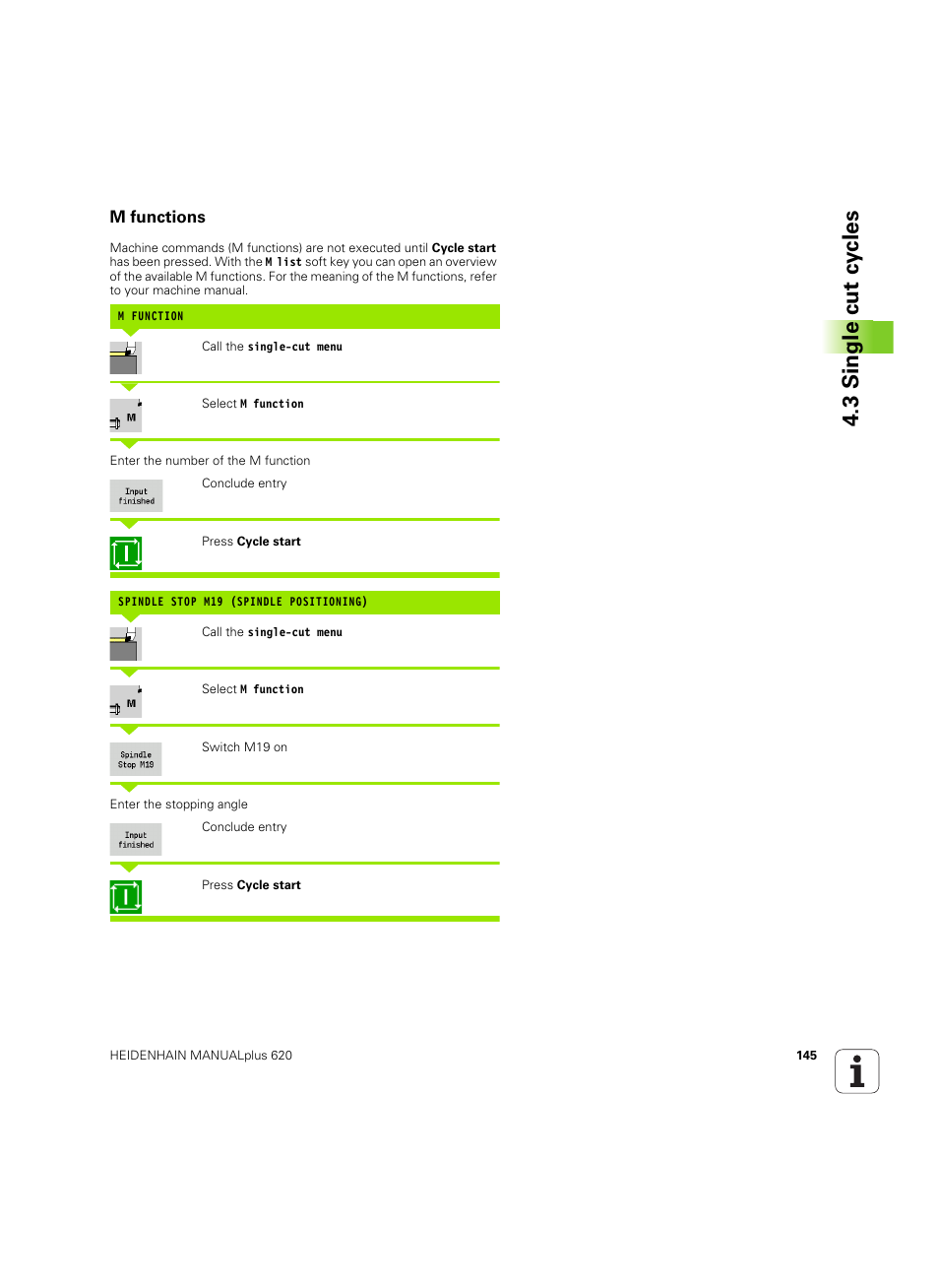 M functions, 3 single cut cy cles | HEIDENHAIN SW 54843x-02 User Manual | Page 145 / 619