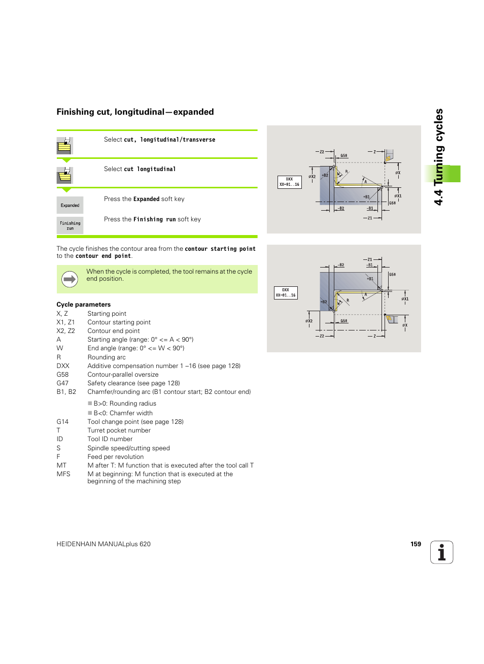 Finishing cut, longitudinal—expanded, 4 t u rn ing cy cles | HEIDENHAIN SW 54843x-02 User Manual | Page 159 / 619