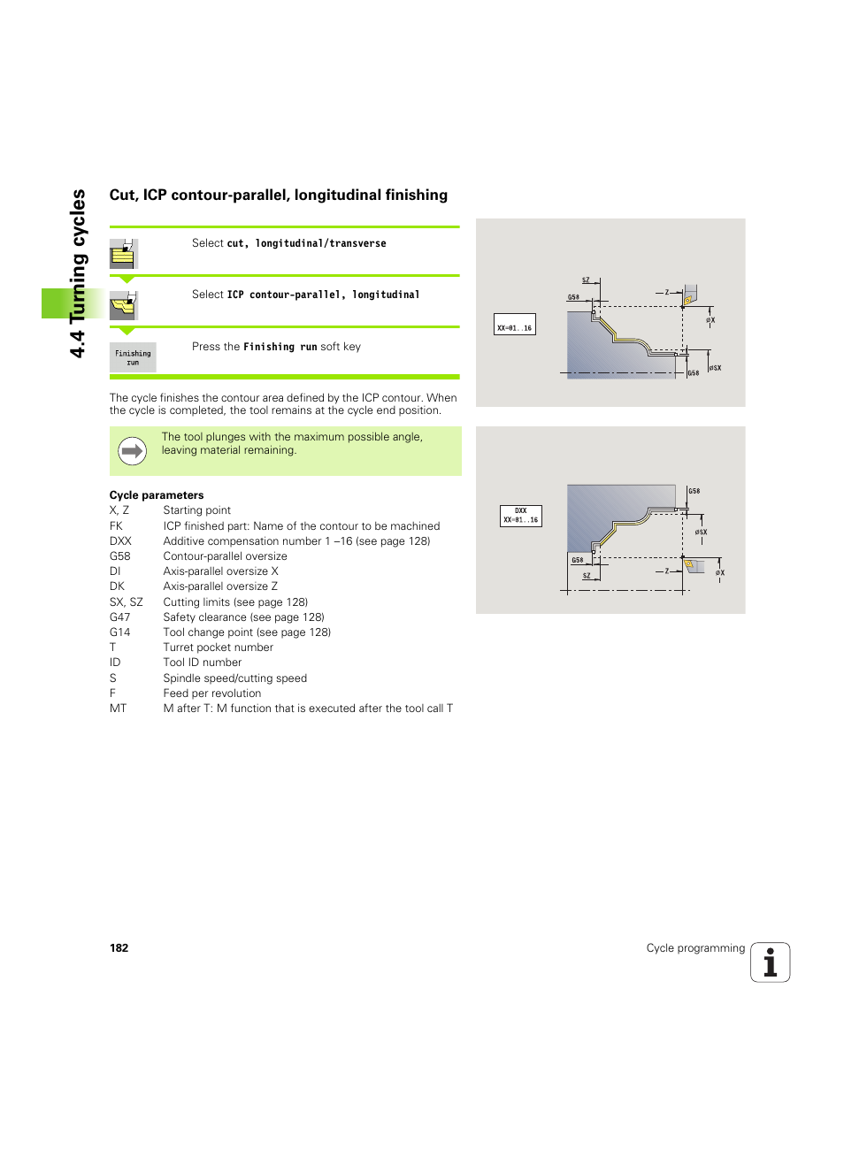 Cut, icp contour-parallel, longitudinal finishing, 4 t u rn ing cy cles | HEIDENHAIN SW 54843x-02 User Manual | Page 182 / 619