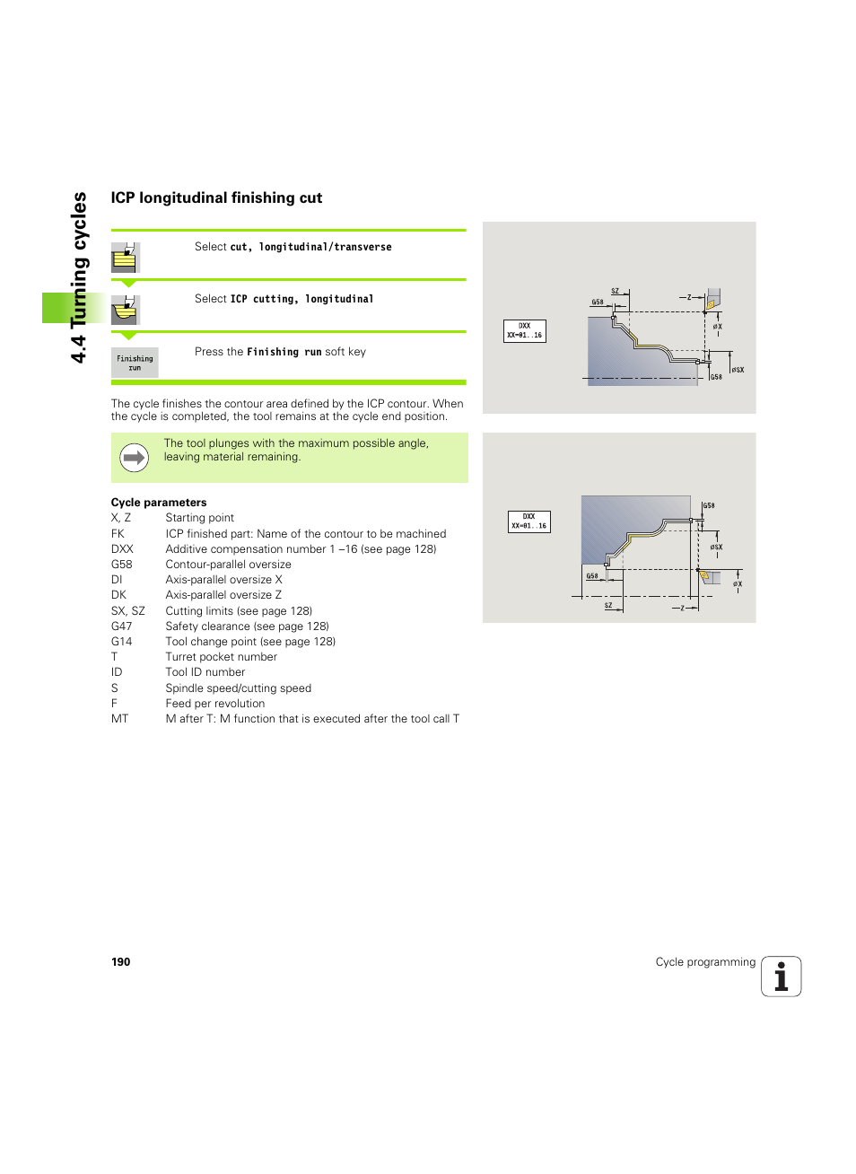 Icp longitudinal finishing cut, 4 t u rn ing cy cles | HEIDENHAIN SW 54843x-02 User Manual | Page 190 / 619