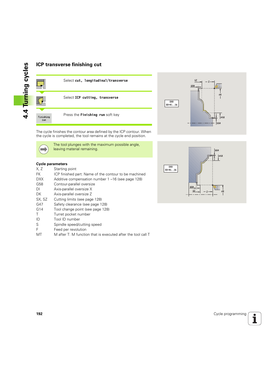 Icp transverse finishing cut, 4 t u rn ing cy cles | HEIDENHAIN SW 54843x-02 User Manual | Page 192 / 619