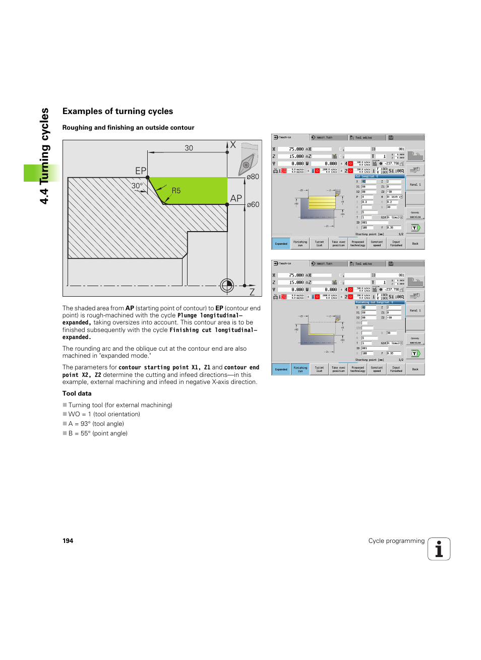 Examples of turning cycles, 4 t u rn ing cy cles | HEIDENHAIN SW 54843x-02 User Manual | Page 194 / 619
