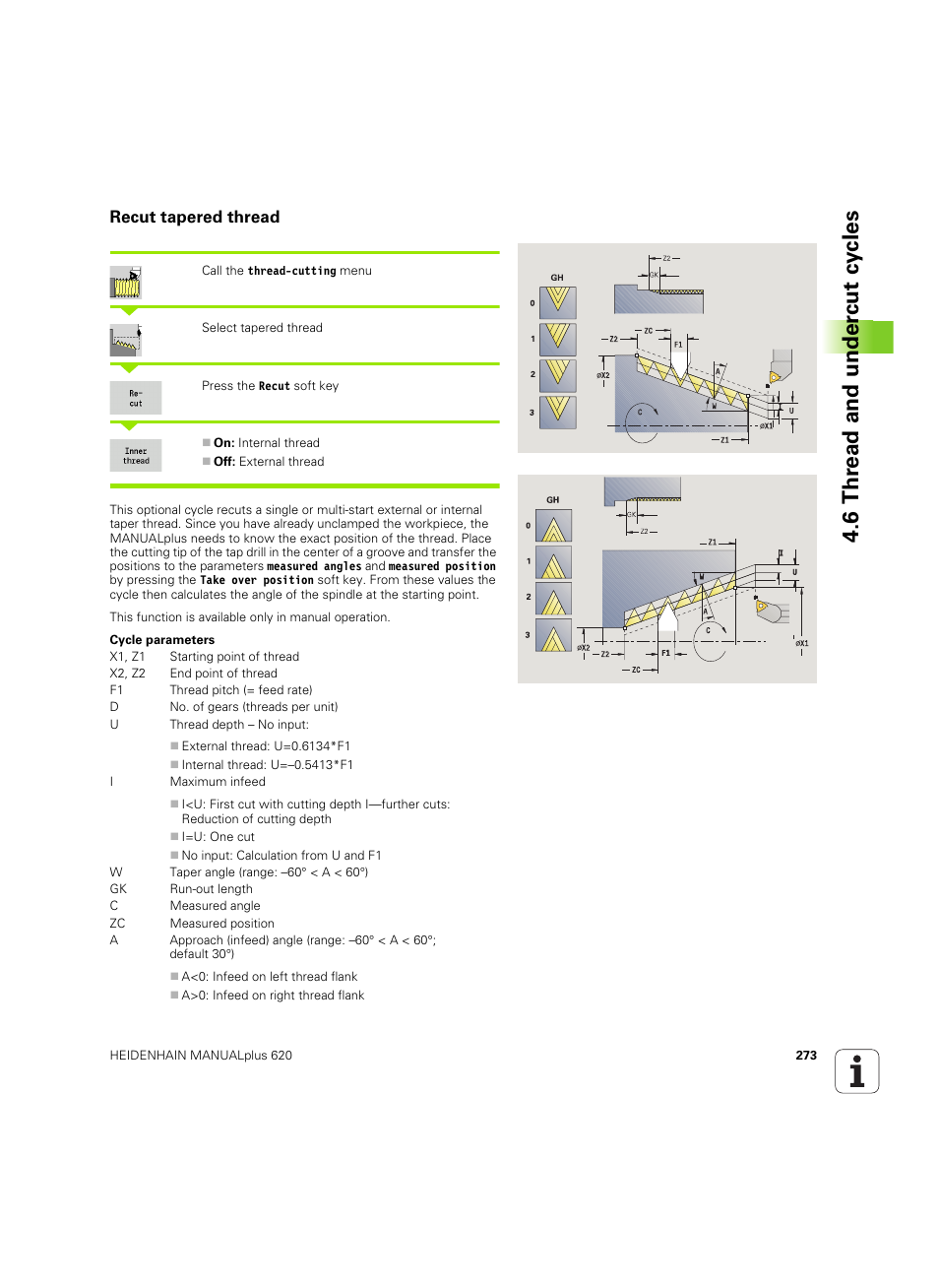 Recut tapered thread, 6 thr ead and under c ut cy cles | HEIDENHAIN SW 54843x-02 User Manual | Page 273 / 619