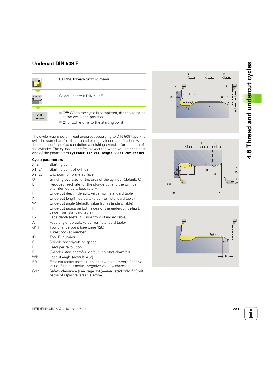 Undercut din 509 f, 6 thr ead and under c ut cy cles | HEIDENHAIN SW 54843x-02 User Manual | Page 281 / 619