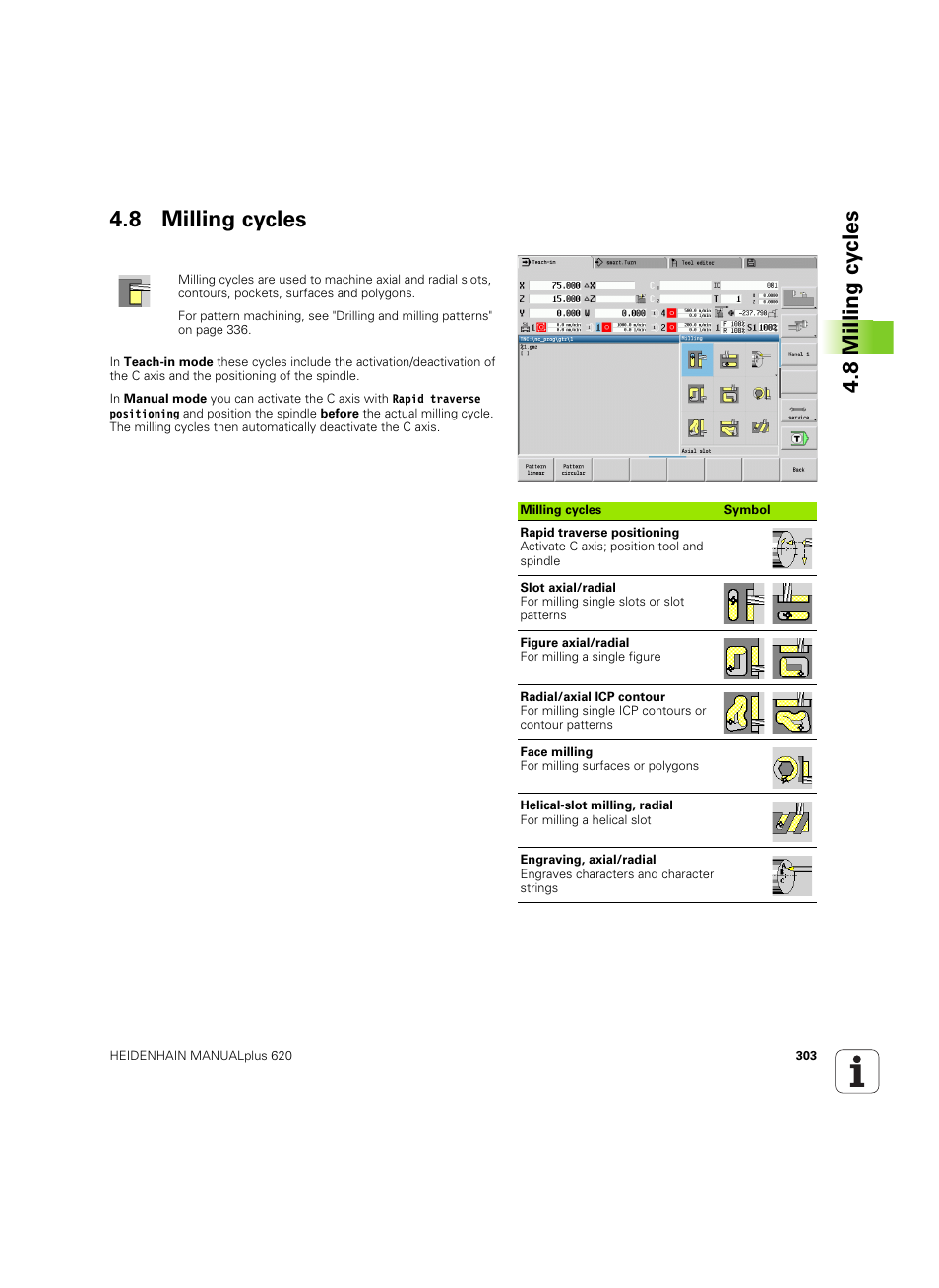 8 milling cycles, 8 milling cy cles 4.8 milling cycles | HEIDENHAIN SW 54843x-02 User Manual | Page 303 / 619