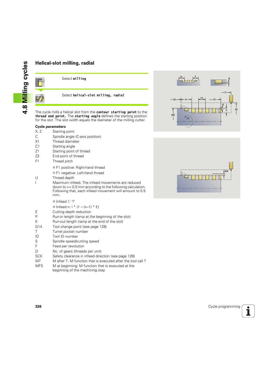 Helical-slot milling, radial, 8 milling cy cles | HEIDENHAIN SW 54843x-02 User Manual | Page 326 / 619