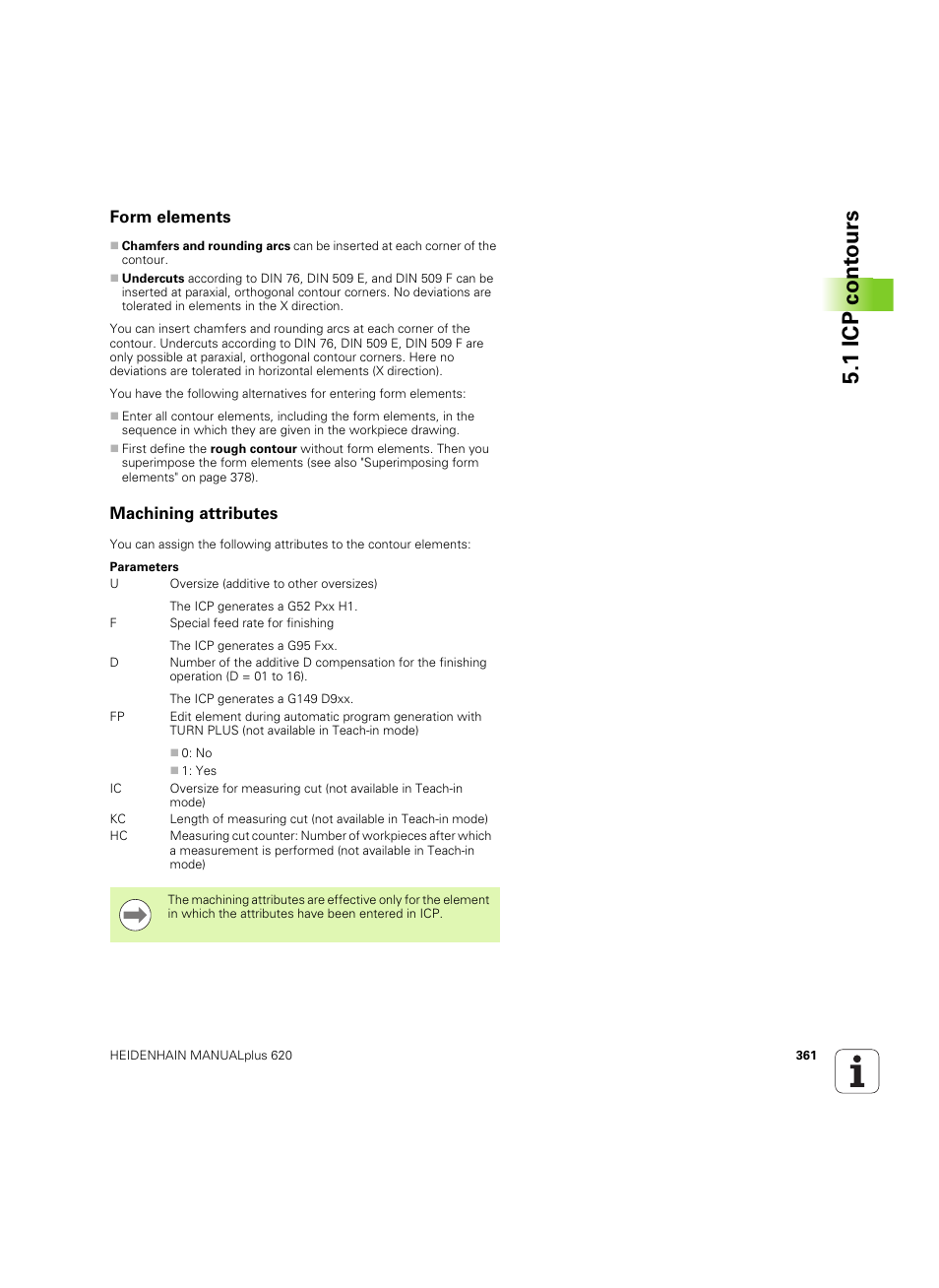 Form elements, Machining attributes, 1 icp cont ours | HEIDENHAIN SW 54843x-02 User Manual | Page 361 / 619