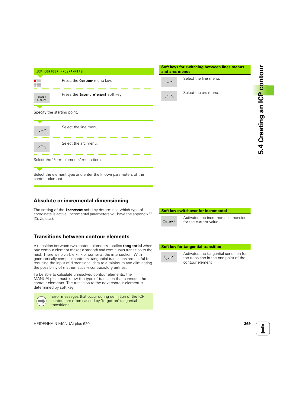 Absolute or incremental dimensioning, Transitions between contour elements, 4 cr eating an icp cont our | HEIDENHAIN SW 54843x-02 User Manual | Page 369 / 619