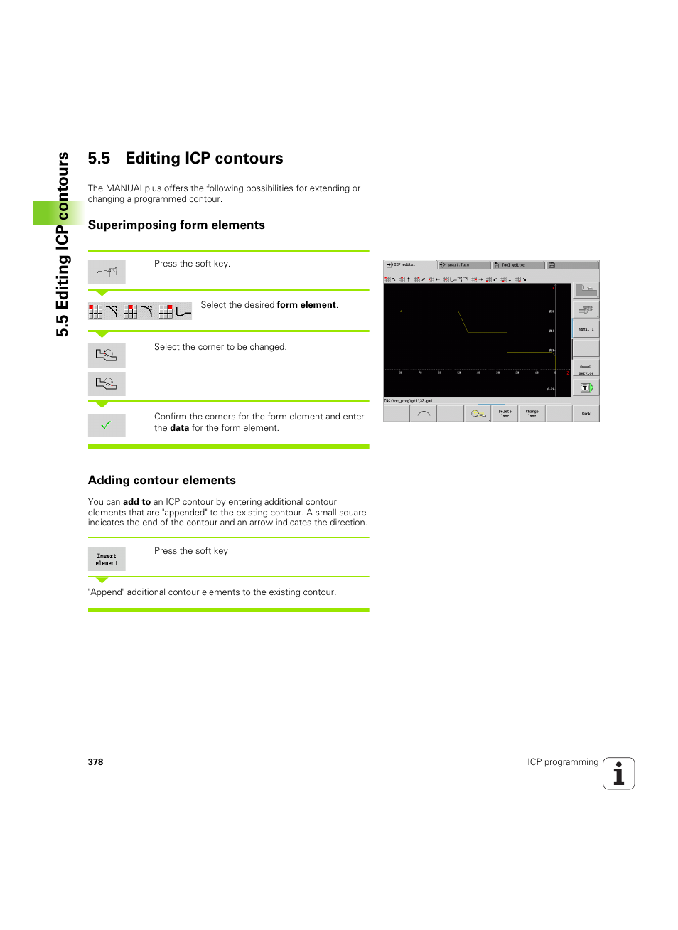 5 editing icp contours, Superimposing form elements, Adding contour elements | 5 editing icp cont ours 5.5 editing icp contours | HEIDENHAIN SW 54843x-02 User Manual | Page 378 / 619