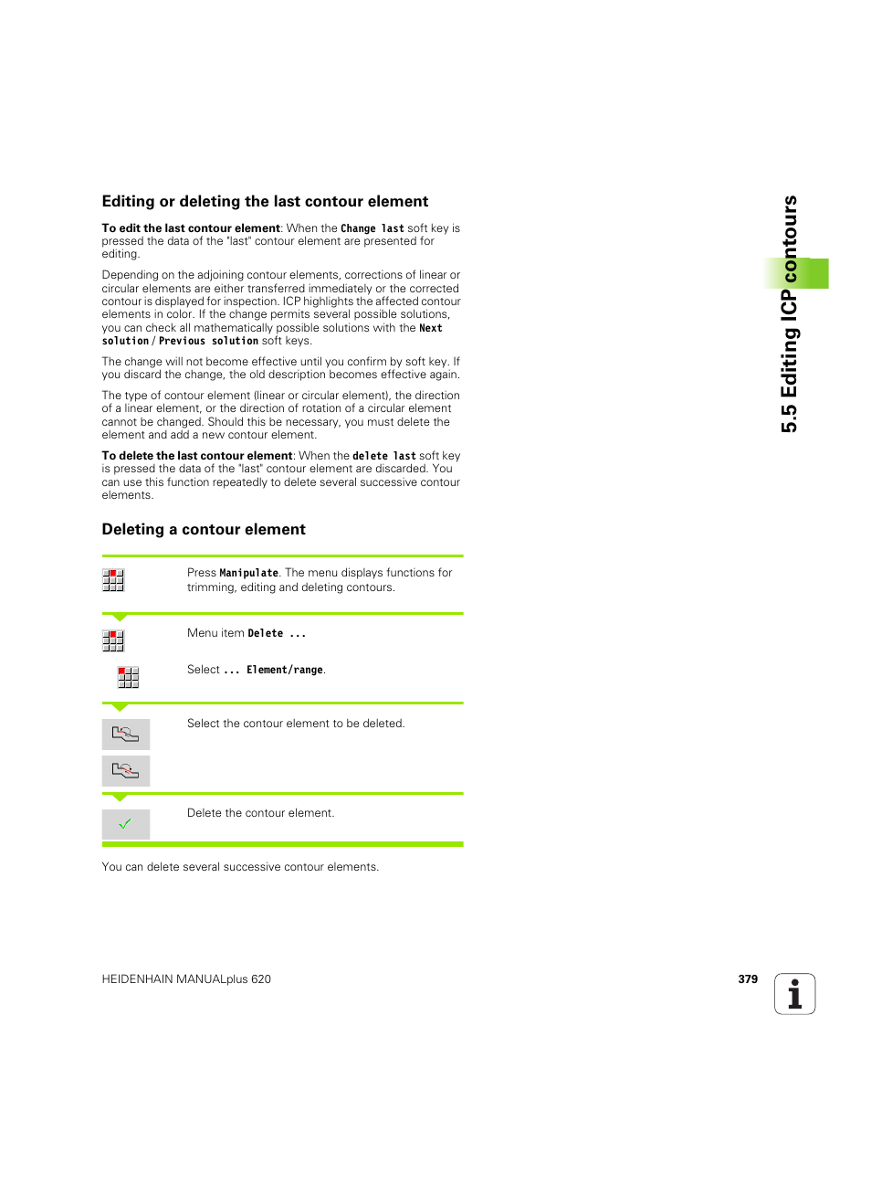 Editing or deleting the last contour element, Deleting a contour element, 5 editing icp cont ours | HEIDENHAIN SW 54843x-02 User Manual | Page 379 / 619