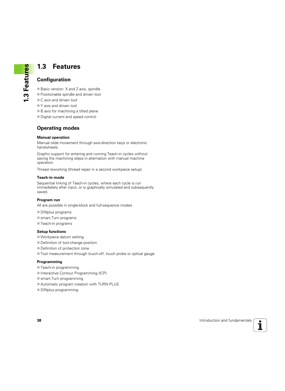 3 features, Configuration, Operating modes | 3 f eat ur es 1.3 features | HEIDENHAIN SW 54843x-02 User Manual | Page 38 / 619