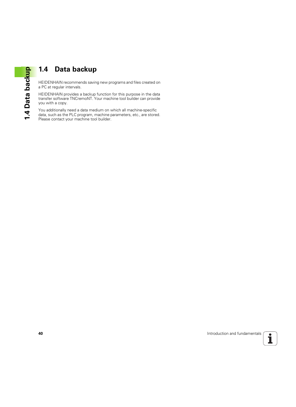4 data backup, 4 d a ta bac k up 1.4 data backup | HEIDENHAIN SW 54843x-02 User Manual | Page 40 / 619