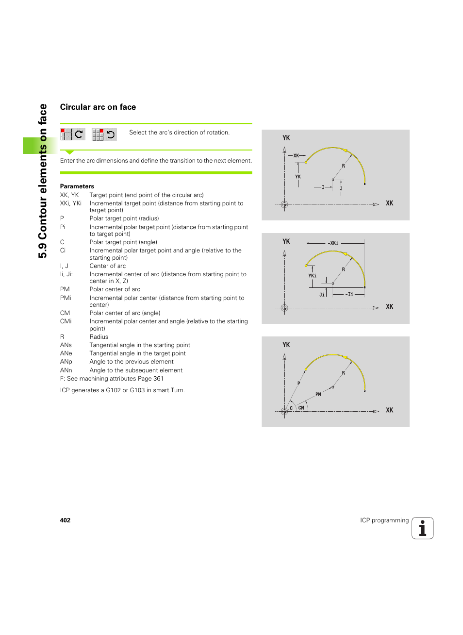 Circular arc on face, 9 cont our elements on f a ce | HEIDENHAIN SW 54843x-02 User Manual | Page 402 / 619