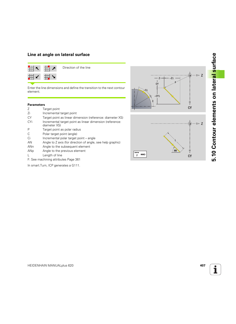 Line at angle on lateral surface, 1 0 cont our elements on lat e ra l surf ace | HEIDENHAIN SW 54843x-02 User Manual | Page 407 / 619