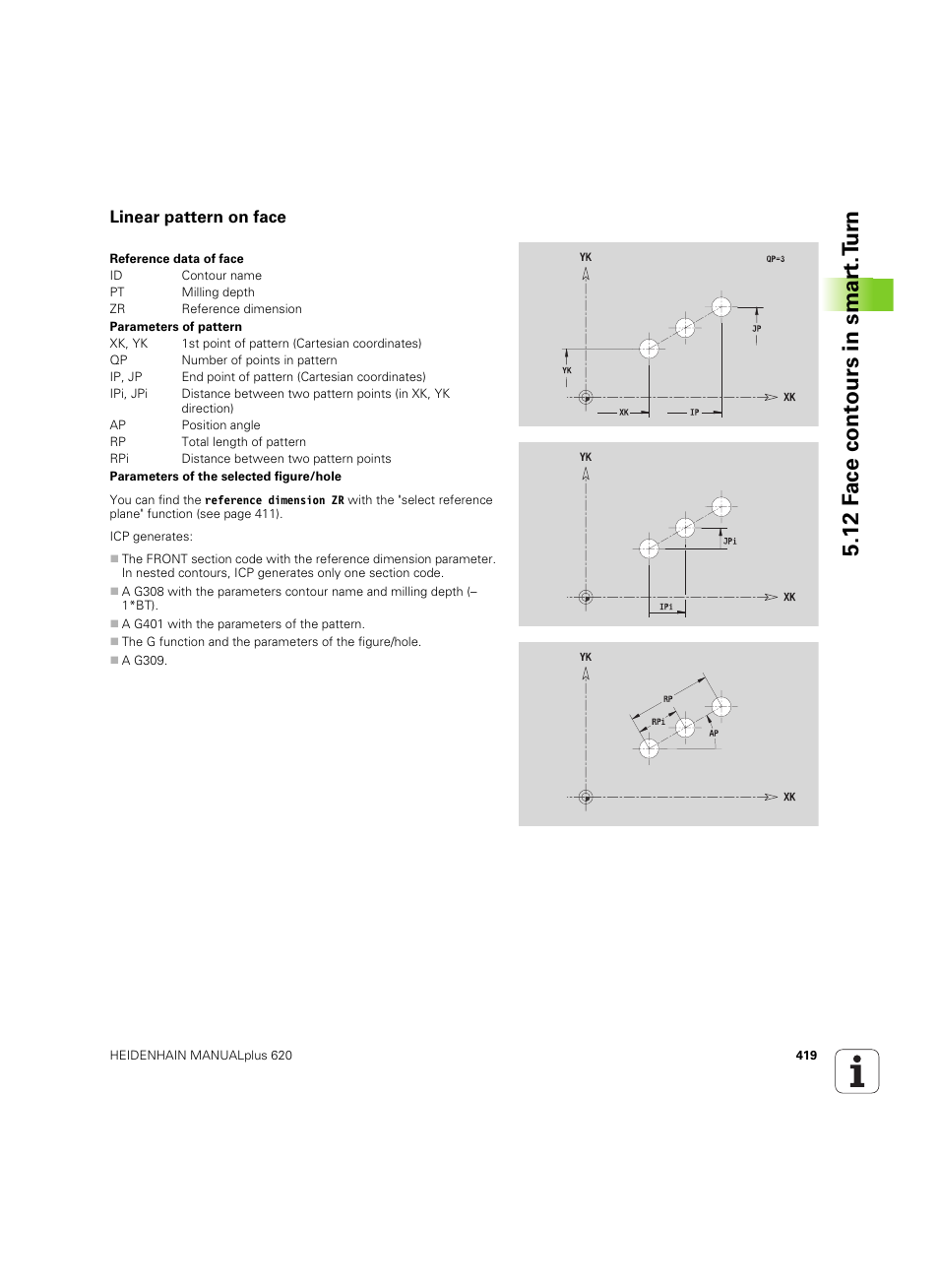 Linear pattern on face, 12 f a ce cont ours in smar t.t u rn | HEIDENHAIN SW 54843x-02 User Manual | Page 419 / 619