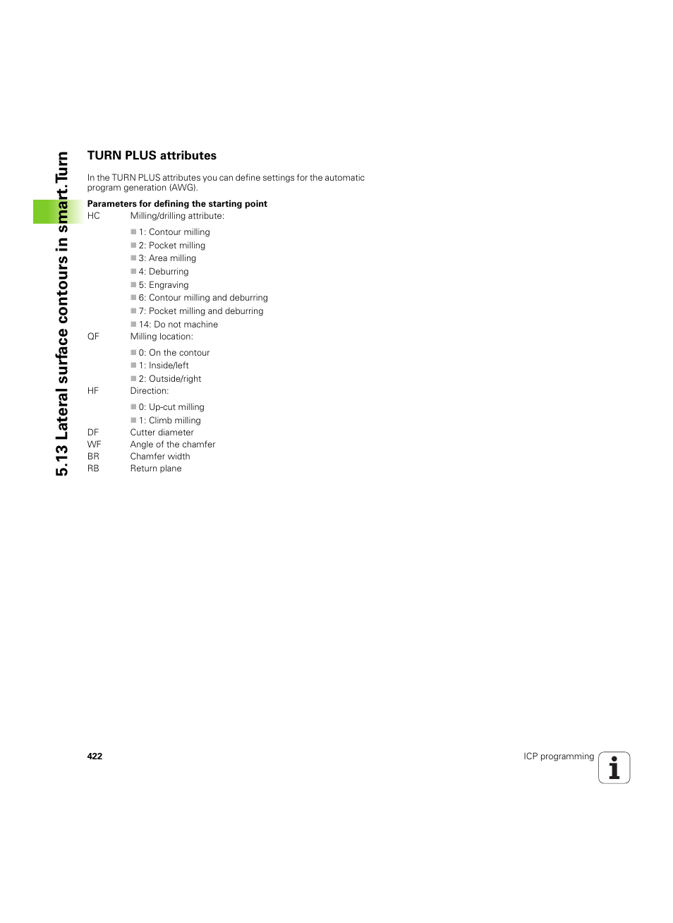 Turn plus attributes, 13 lat er al surf ace cont ours in smar t.t u rn | HEIDENHAIN SW 54843x-02 User Manual | Page 422 / 619