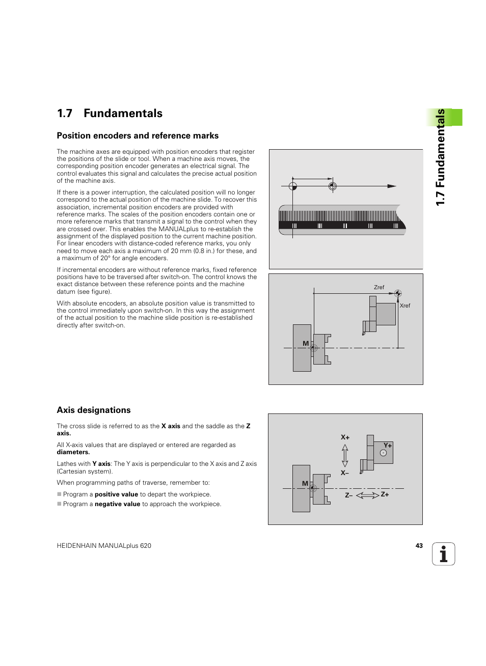7 fundamentals, Position encoders and reference marks, Axis designations | 7 f undamentals 1.7 fundamentals | HEIDENHAIN SW 54843x-02 User Manual | Page 43 / 619