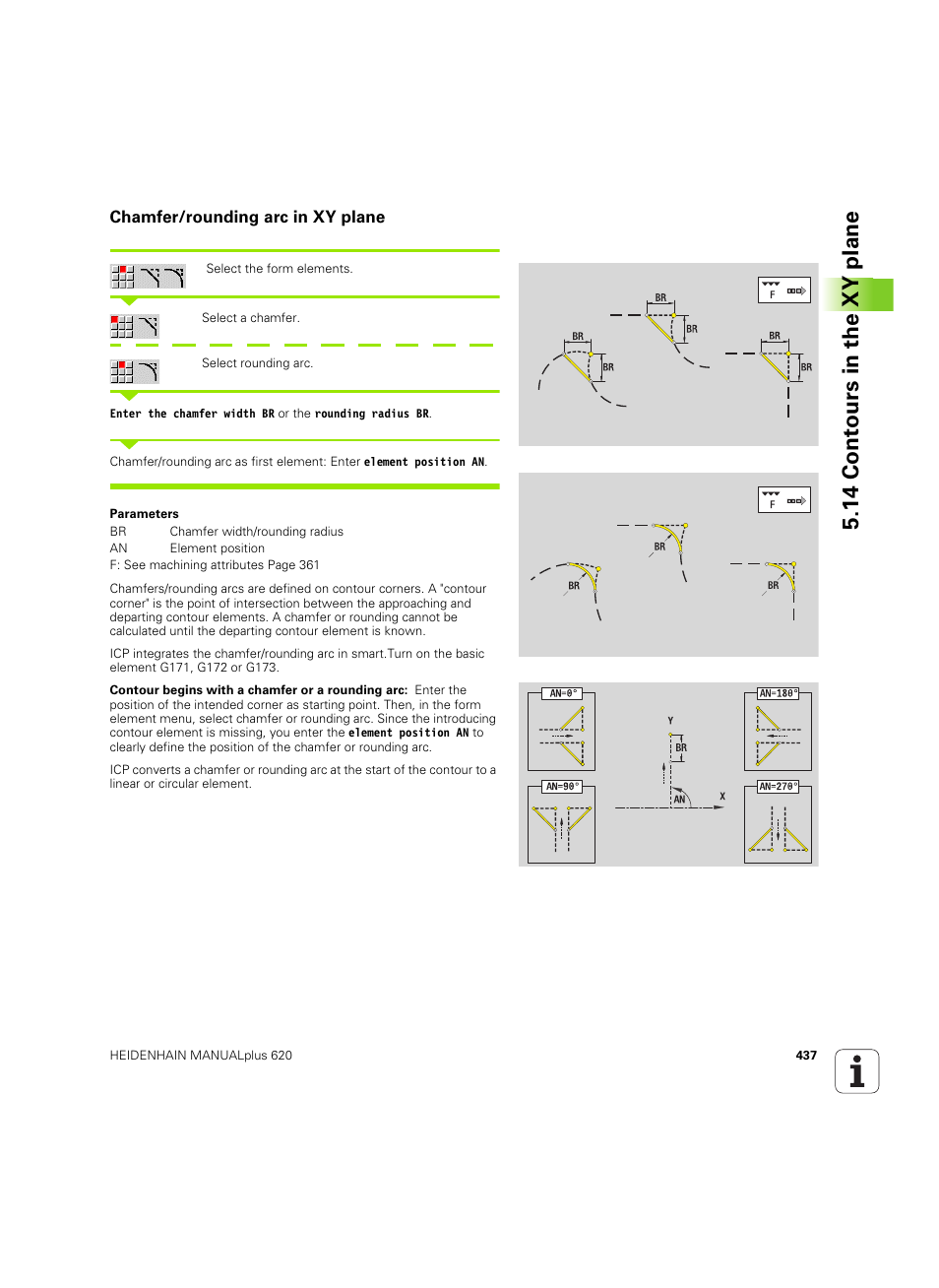 Chamfer/rounding arc in xy plane, 14 cont ours in the xy plane | HEIDENHAIN SW 54843x-02 User Manual | Page 437 / 619