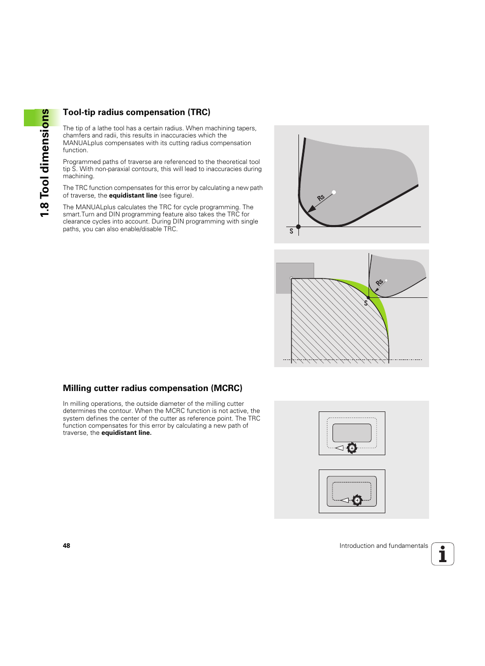 Tool-tip radius compensation (trc), Milling cutter radius compensation (mcrc), 8 t ool dimensions | HEIDENHAIN SW 54843x-02 User Manual | Page 48 / 619