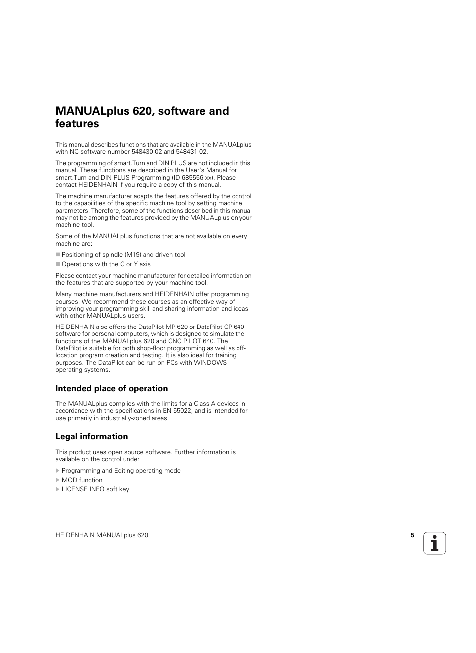 Manualplus 620, software and features, Intended place of operation, Legal information | HEIDENHAIN SW 54843x-02 User Manual | Page 5 / 619