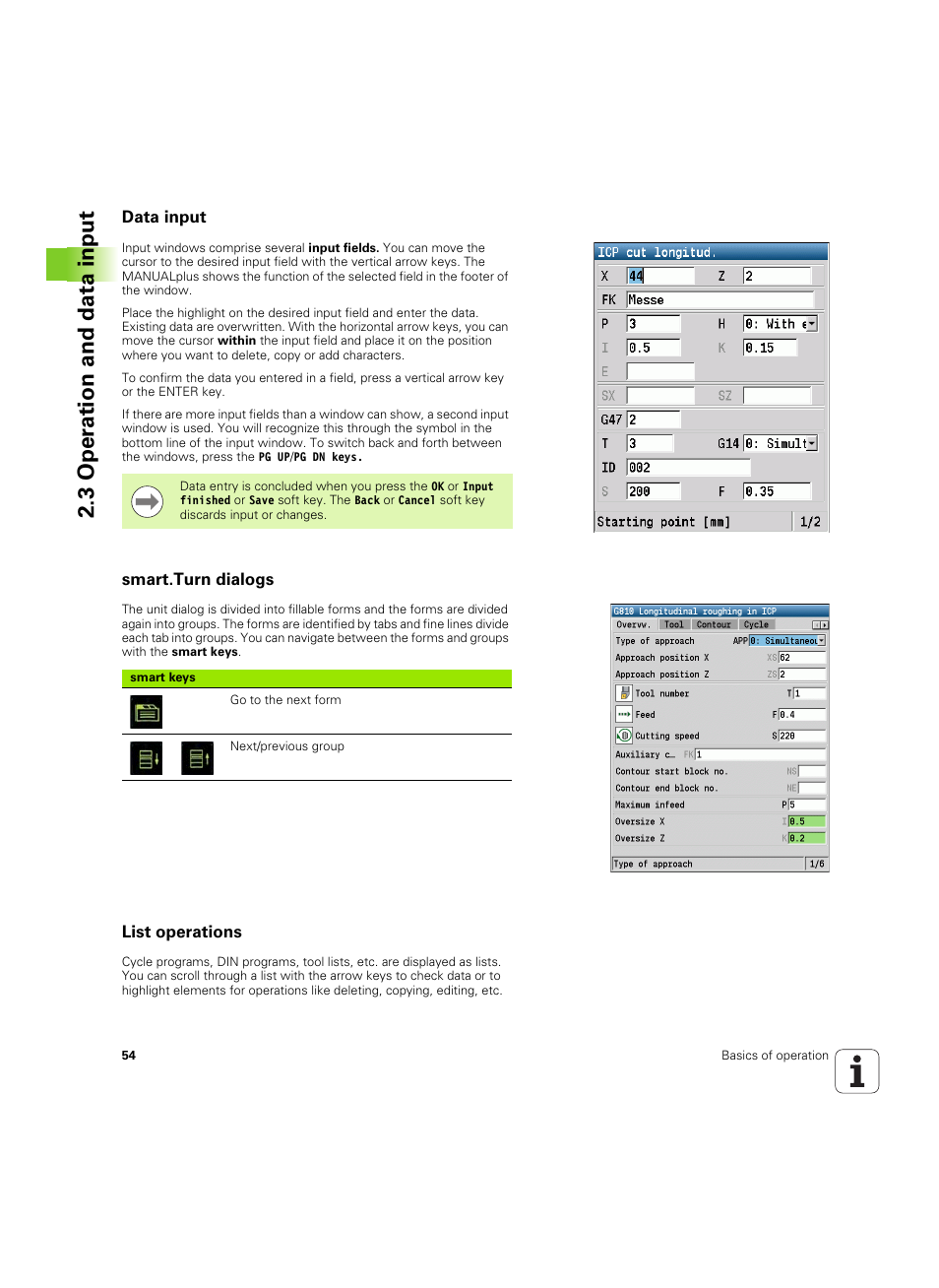 Data input, Smart.turn dialogs, List operations | 3 oper ation and data input | HEIDENHAIN SW 54843x-02 User Manual | Page 54 / 619