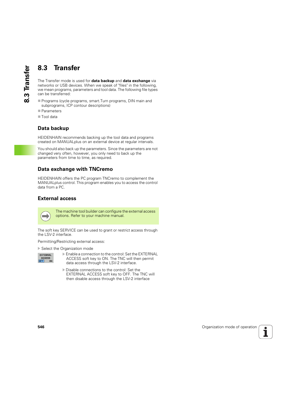3 transfer, Data backup, Data exchange with tncremo | External access, 3 t ransf er 8.3 transfer | HEIDENHAIN SW 54843x-02 User Manual | Page 546 / 619