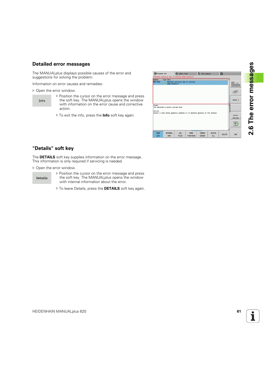 Detailed error messages, Details" soft key, 6 the er ro r messag es | HEIDENHAIN SW 54843x-02 User Manual | Page 61 / 619
