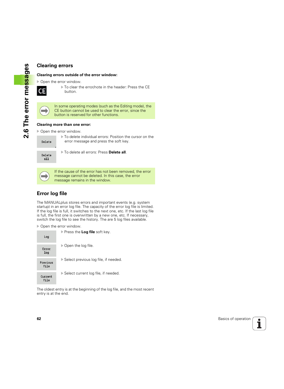 Clearing errors, Error log file, 6 the er ro r messag es | HEIDENHAIN SW 54843x-02 User Manual | Page 62 / 619