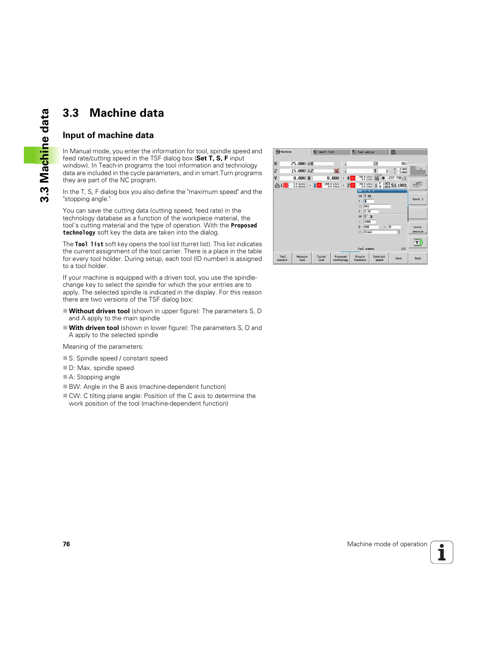 3 machine data, Input of machine data, 3 mac h ine data 3.3 machine data | HEIDENHAIN SW 54843x-02 User Manual | Page 76 / 619