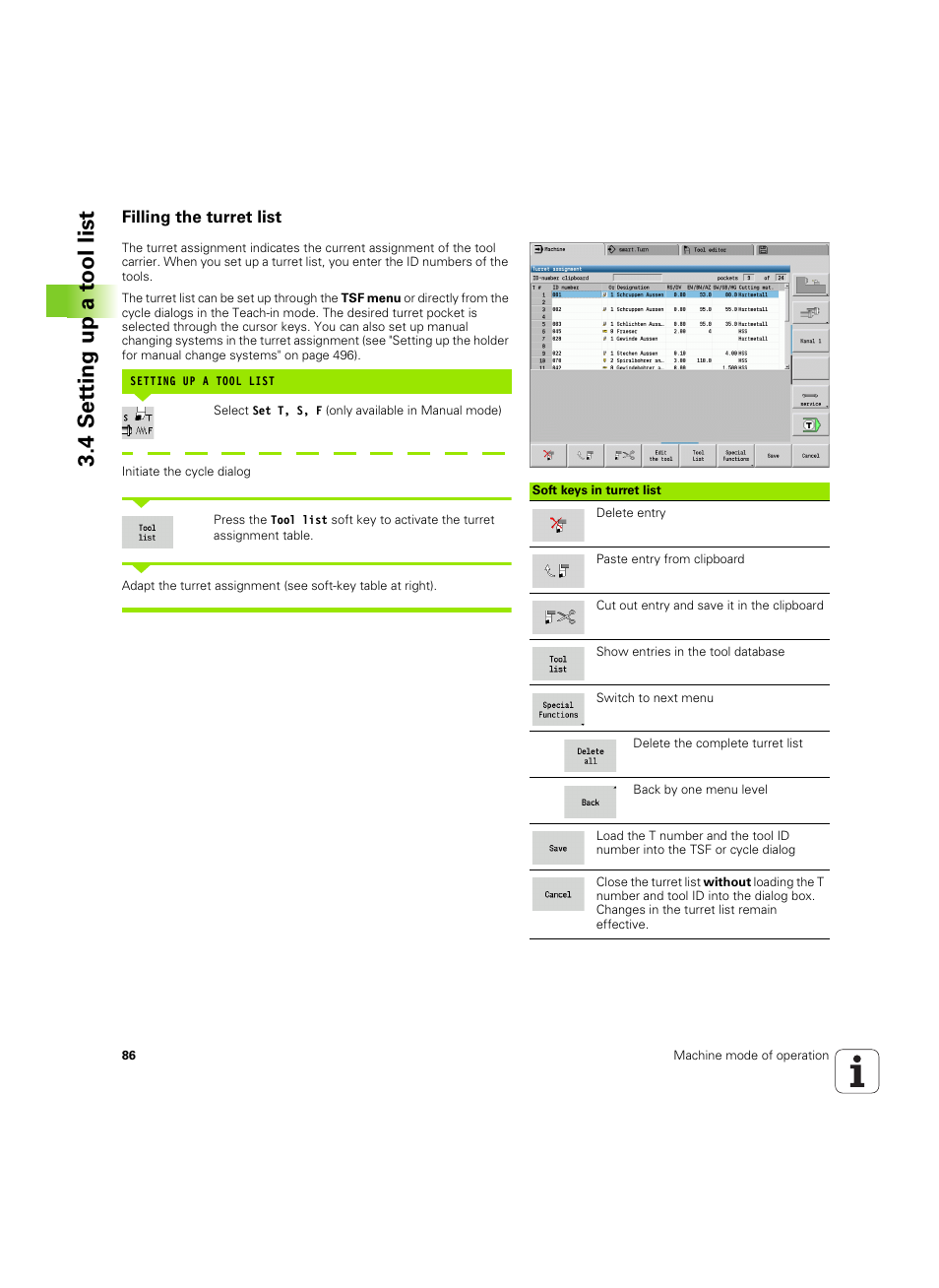 Filling the turret list, 4 set ting up a t ool list | HEIDENHAIN SW 54843x-02 User Manual | Page 86 / 619