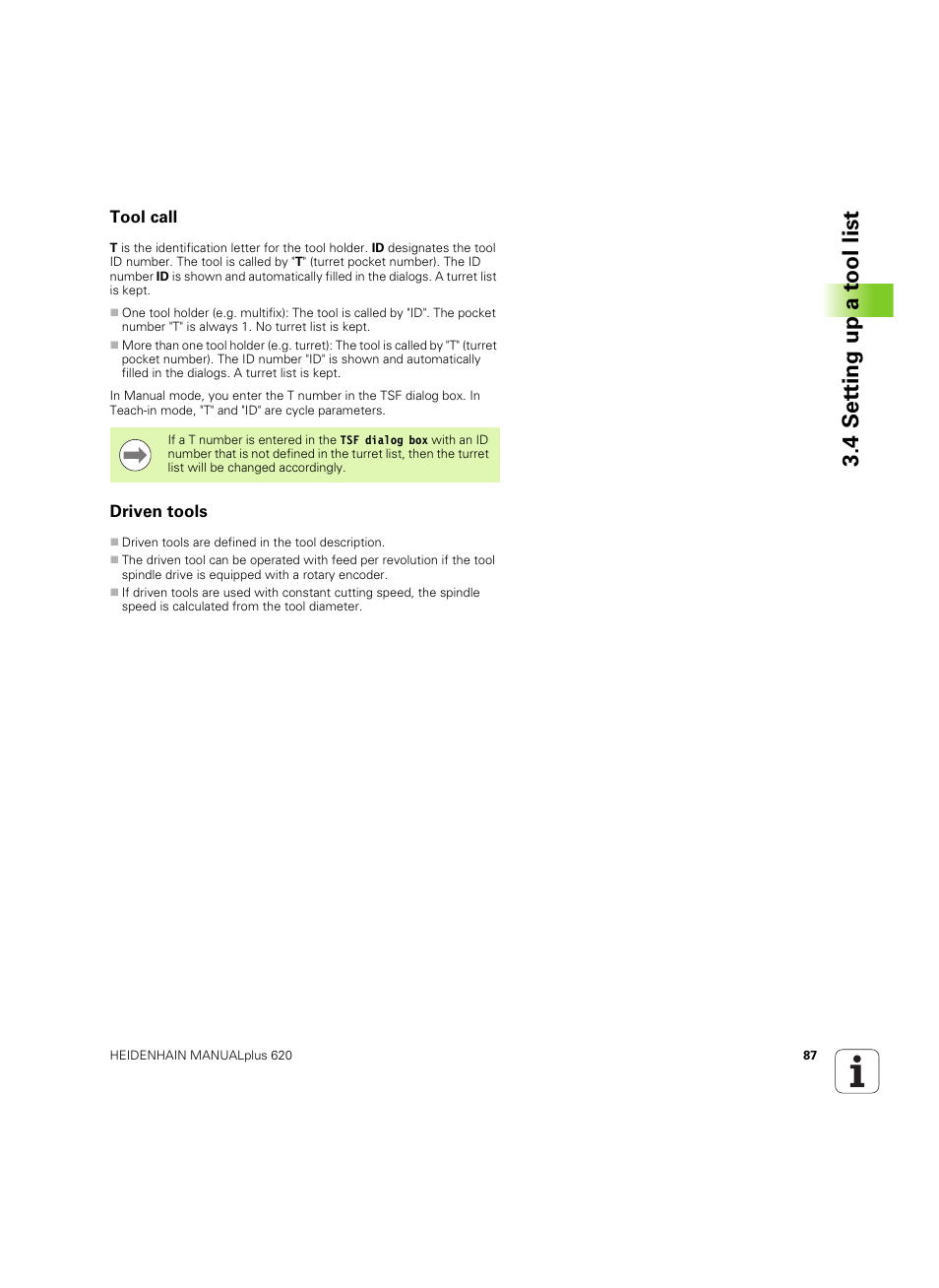 Tool call, Driven tools, 4 set ting up a t ool list | HEIDENHAIN SW 54843x-02 User Manual | Page 87 / 619