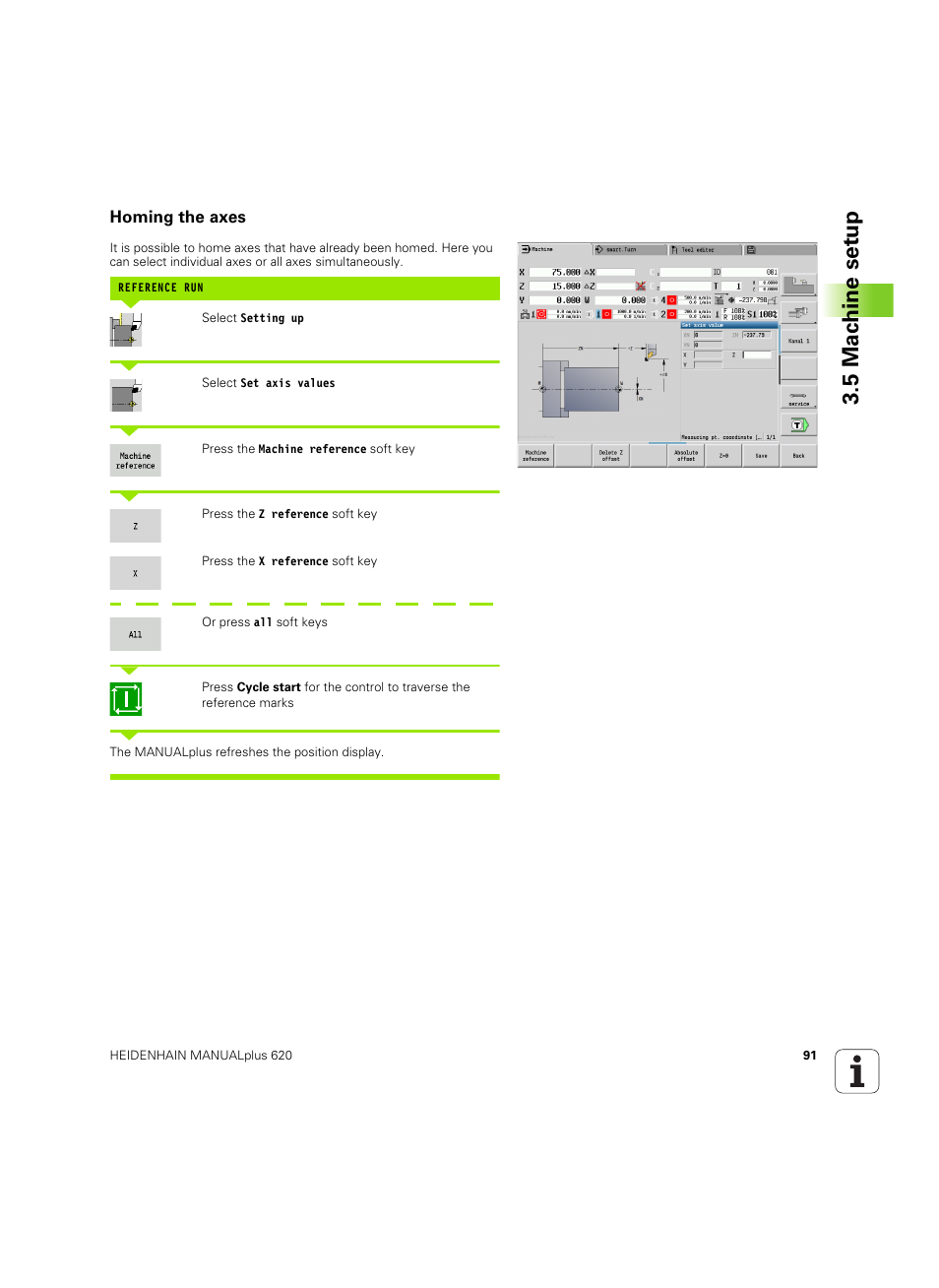 Homing the axes, 5 mac h ine set u p | HEIDENHAIN SW 54843x-02 User Manual | Page 91 / 619